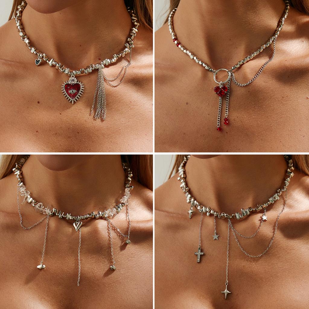 Sweet And Cool Hot Girl Metal Love Pendant Necklace Fashionable Irregular Beaded Tassel Chain Neck Chain