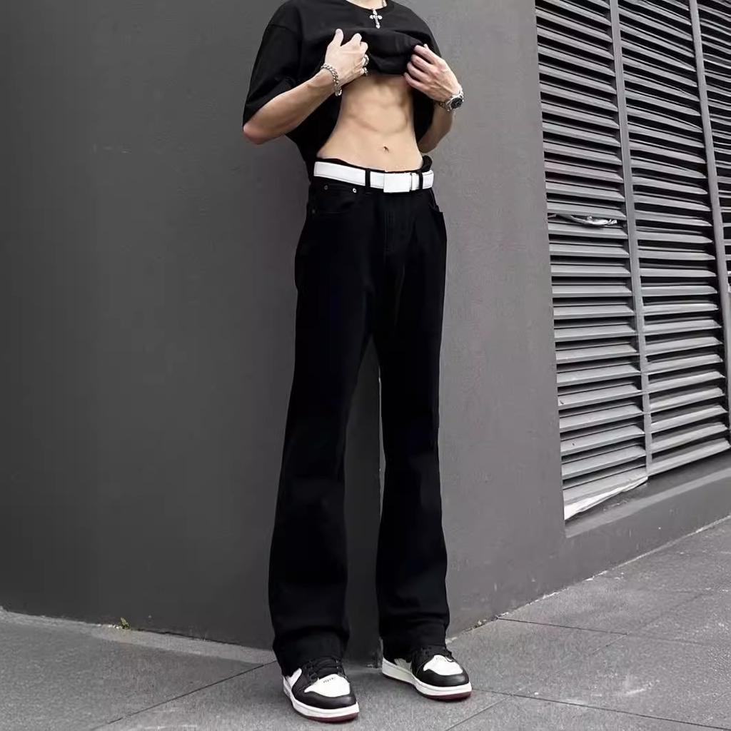 Black Slim-fit Micro-flared Jeans Trendy Men and Women's Spring and Autumn New Semi-elastic Waist Solid Color Versatile Casual Trousers