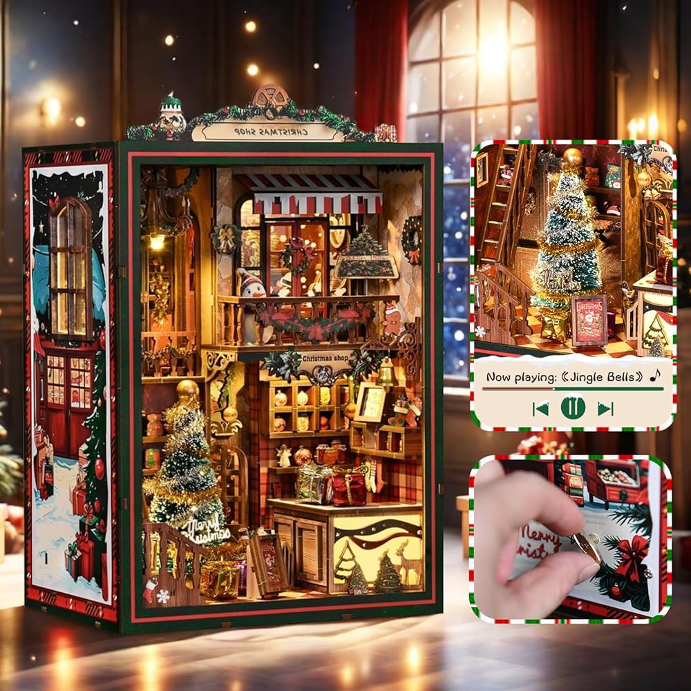 CRESYMME Miniature House Dollhouse Book Nook Kit Wooden DIY 3D Craft Christmas Decoration