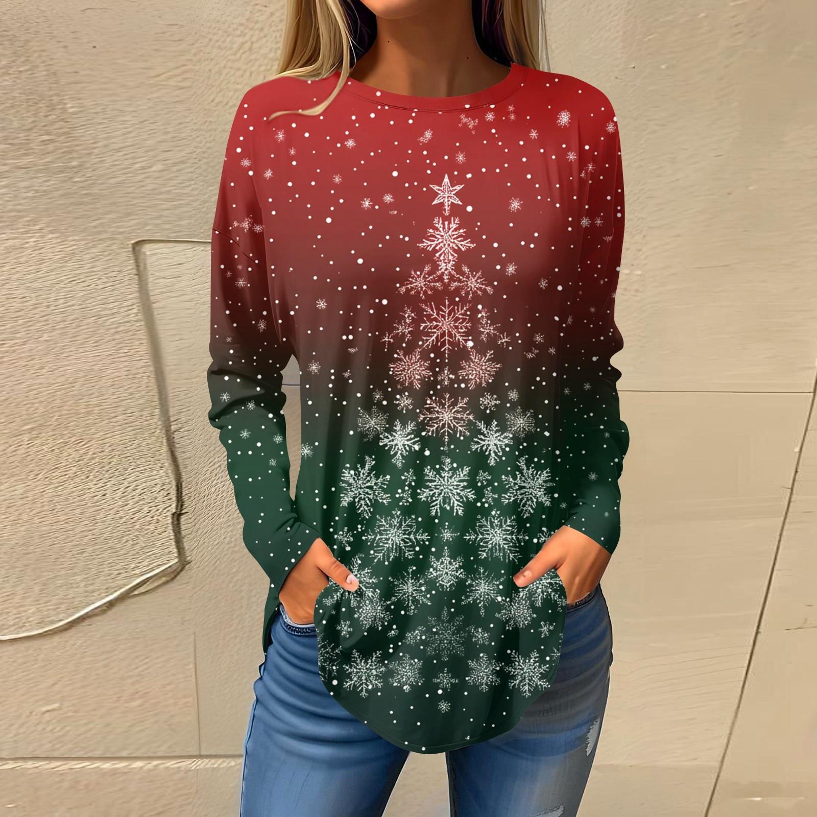 

Футболки для женщин, осенние повседневные рубашки с длинным рукавом, толстовки с винтажным графическим принтом, топы, пуловеры, рождественские XL винный