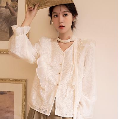 White Bow Blouse for Women Autumn 2023 Fashion Elegant Loose Lace V-neck Long Sleeve Button Casual Shirts MXC41X1280