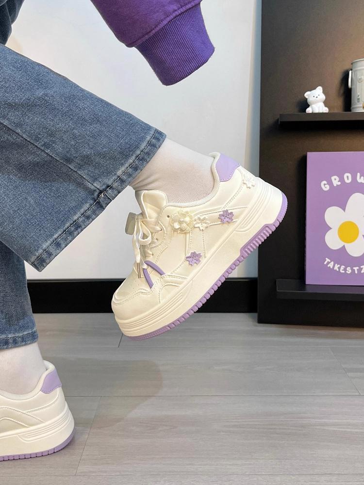 Koreanische Leinenschuhe für Mädchen - 2026 Blumenmuster, Dicke Sohle, Frühling/Herbst, Lässig Weiß