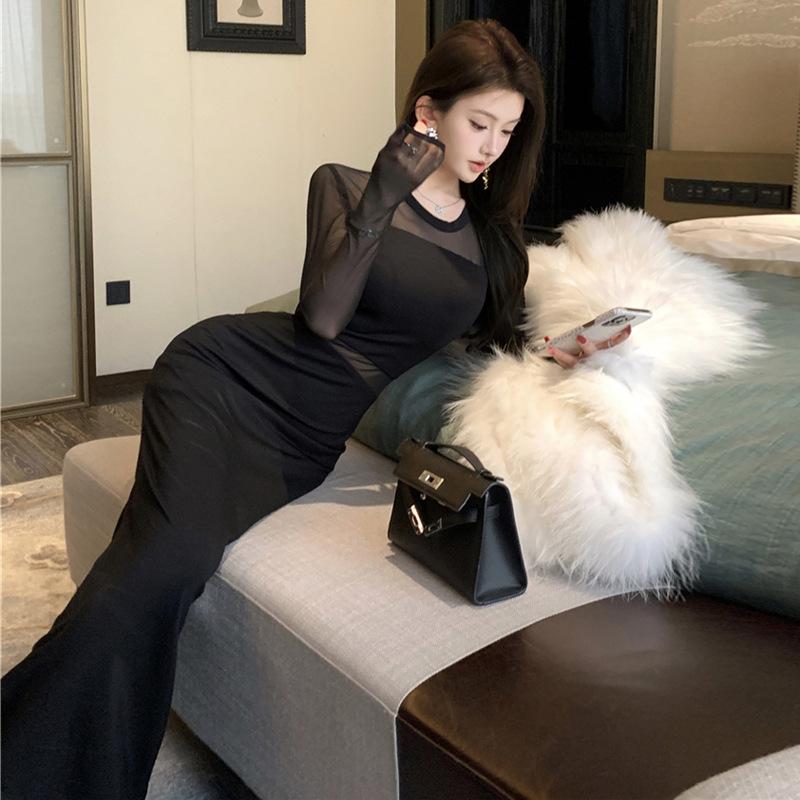 

Женское черное сексуальное сетчатое обтягивающее платье с талией S чёрный