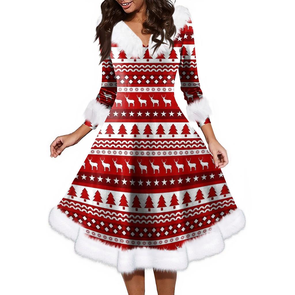 Women's Fashion V-neck Casual Fit Christmas Print Party Long Sleeve Dress