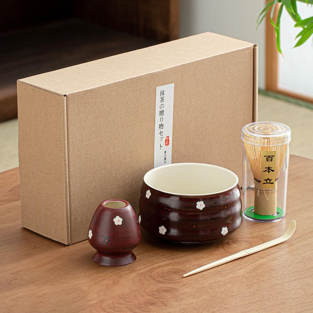 4Pcs/Set Bamboo Ceramic Japanese Matcha Blender Set with Matcha Brush Teaspoon Matcha Bowl