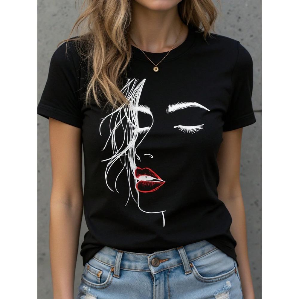 

Women s T-Shirt Abstract Face Line Art Graphic Print Tops Casual O-Neck Short Sleeve Tee Summer Outdoor Fashion Female Clothing S