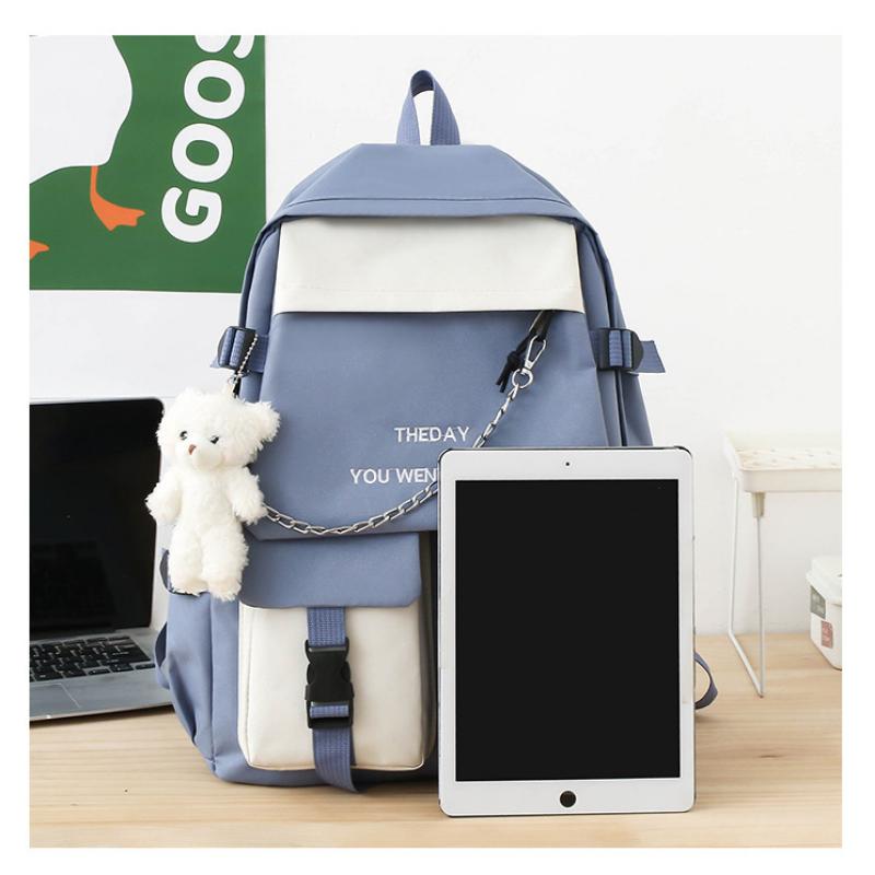 Middle School Backpack Bear Pendant High Capacity Campus Knapsack Contrast Color Men Women's 5 Piece Backpack Shoulder Bag Crossbody Pouch Pencil Case