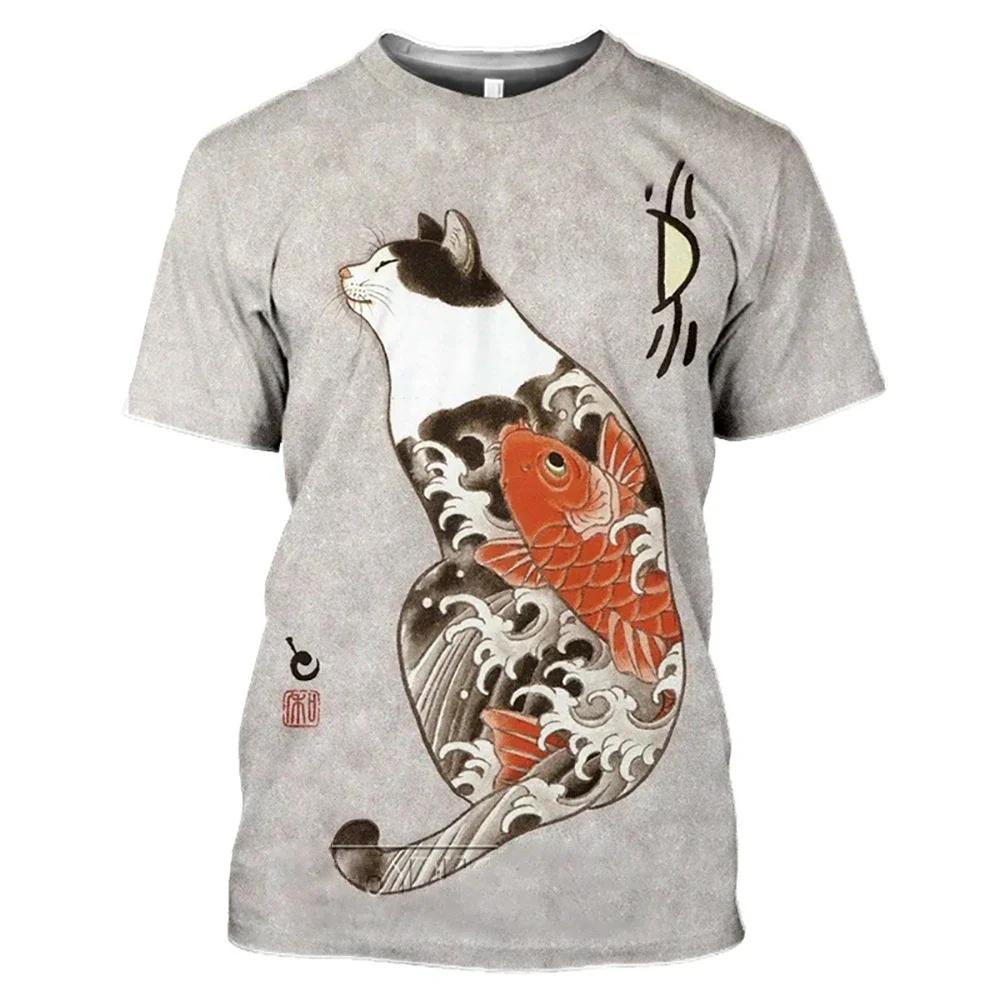 Neue Mode Vintage T-Shirt Samurai Katze Tattoo Shirt Herren 3D Cooler Druck Kunst Klassisches Shirt Sommer Trend T-Shirt
