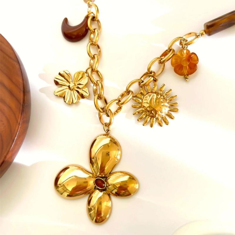 Fashionable Resin Beaded Necklace With Floral Sun Pendant Stainless Steel Neck Chain Retro Jewelry For Her
