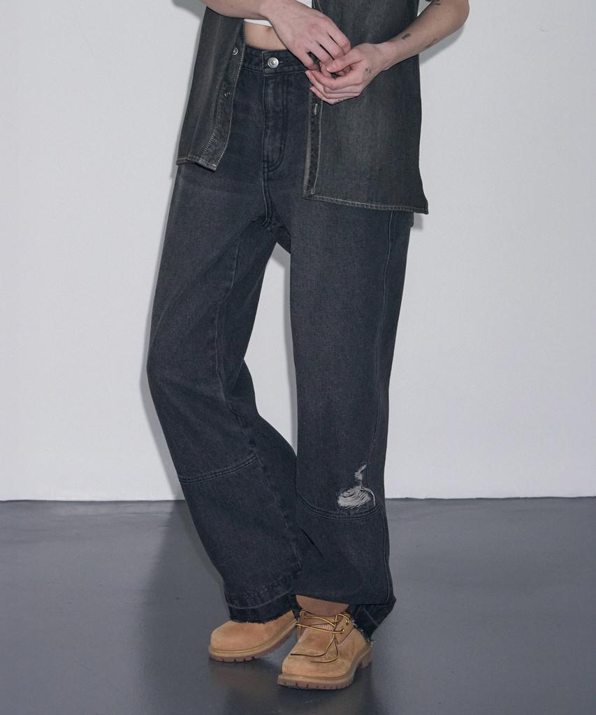 Ledeoli Unfolded Damaged Washed Denim Pants [Light Blue]