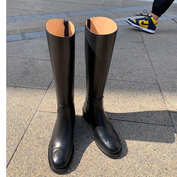 Bottes d'équitation hautes jusqu'au genou en cuir véritable pour femme, bout rond, avec broderie camélia en cuir de vachette