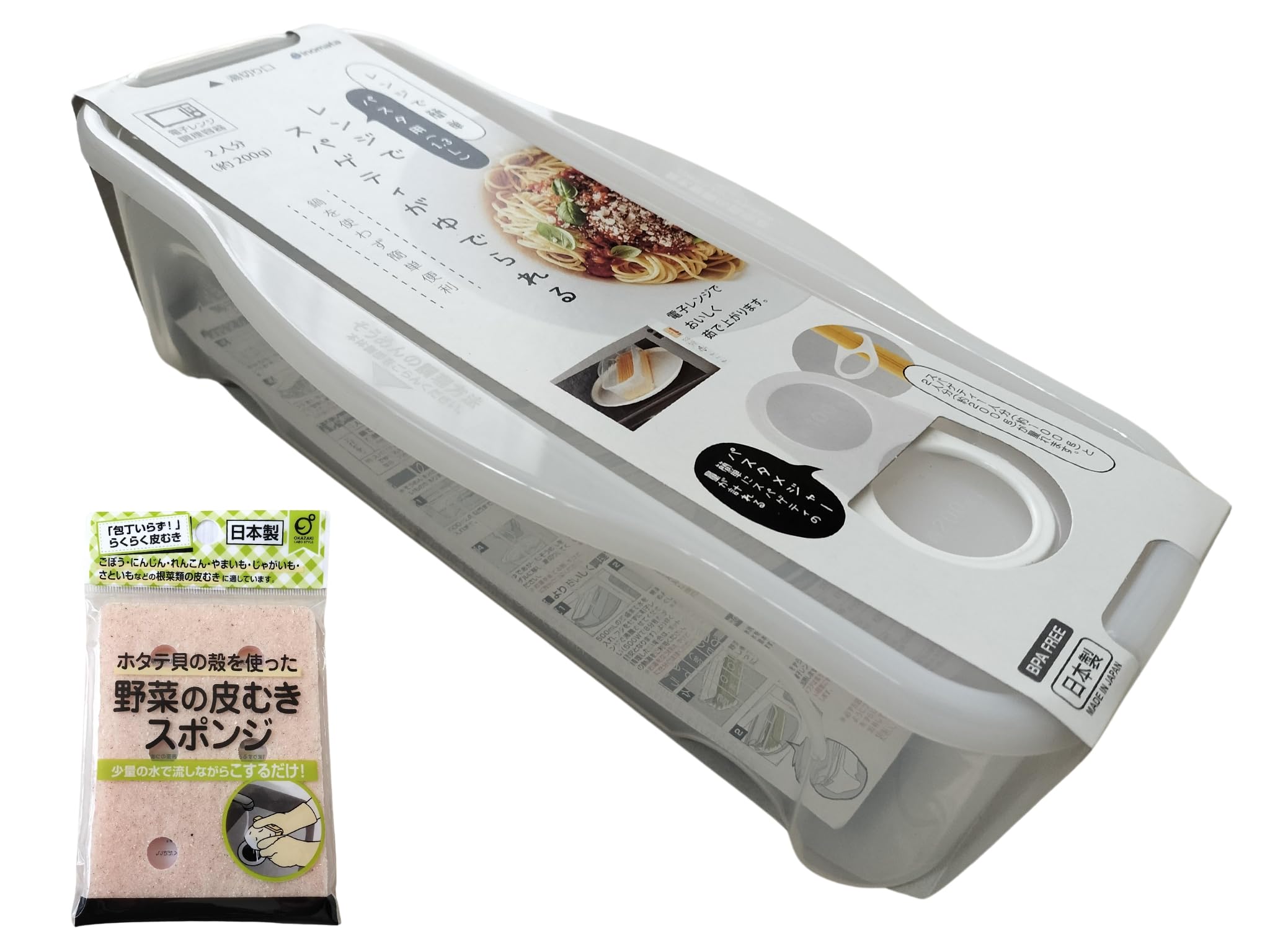 

Inomata Chemical Microwave Cooker for Boiling Spaghetti and Clear Boils Includes Pasta and Vegetable Peeling Sponge Set [Bonus Set] Pasta, White, 1-2