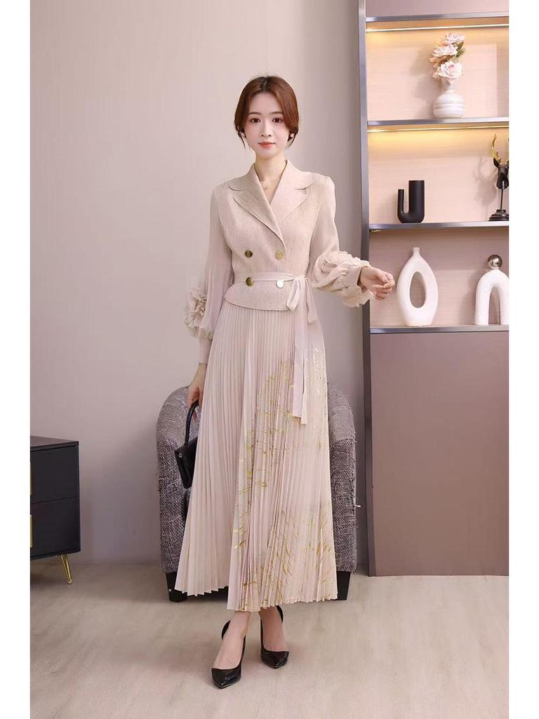 European and American Panhua 3D Floral Pleated Dress with Lantern Sleeves and Large Swing Skirt