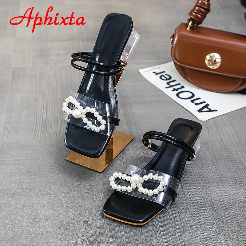 Aphixta 2025 Summer 4cmTransparent Square Heels Women Sandals Slides Pearl Butterfly-knot Open Toe Flip Flops Mujer Big Size 45