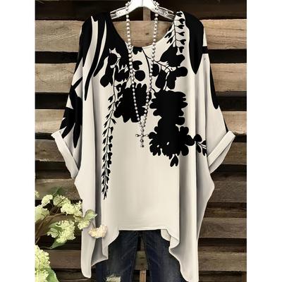 Top Tunica Bohemian pentru Femei | Elegant Design Floral Alb-Negru Gât Rotund Tiv Fluid Perfect pentru Stil Casual sau de Vacanță