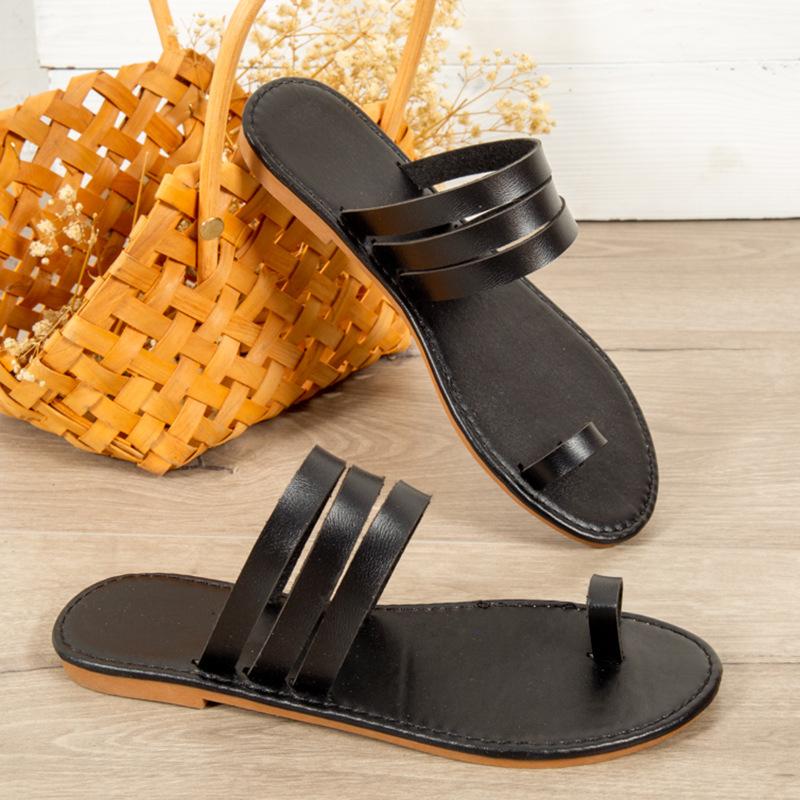 Cross-border large-size slippers women's European, American and summer new solid-color round head cover toe flat bottom outer wear casual sandals