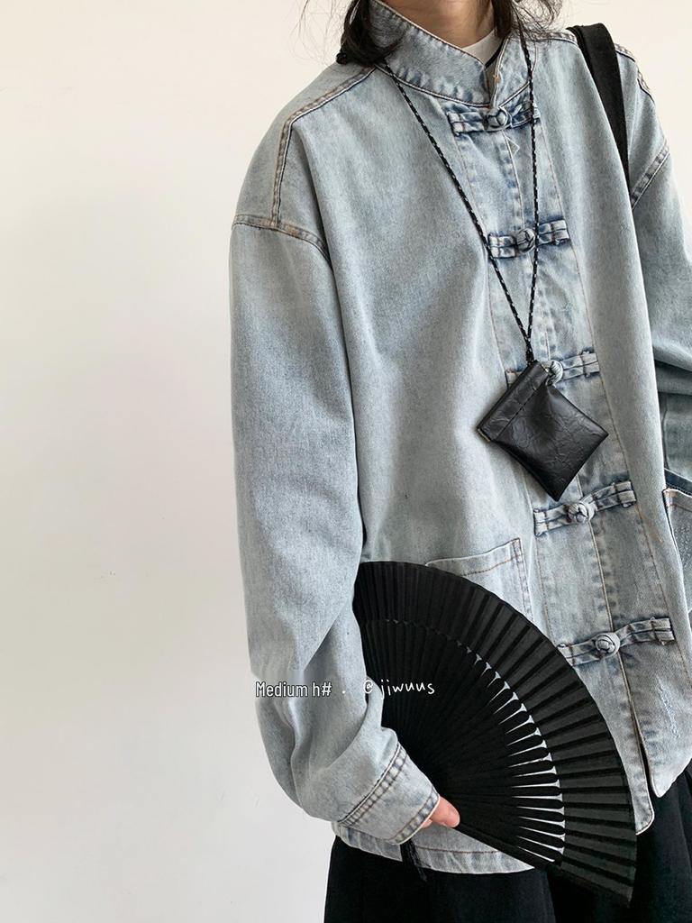 Unisex Retro Frog Button Denim Shirt: Versatile Blue Stand Collar Jacket for Men & Women