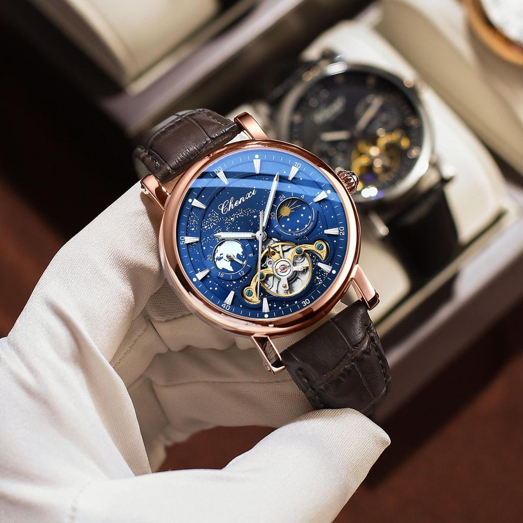 Dawn Star River Moon Phase Skeleton Tourbillon Men's Automatic Luminous Leather Strap Watch