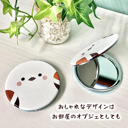 [Golden Crab and Long-tailed Tit] Compact Hand Mirror, Portable, Folding Mirror, Cute Character Mirror with Long-tailed Tit and Bird Design (Round / 3