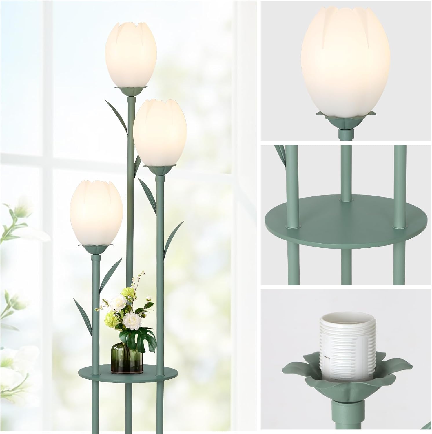 

3-Light Flower Floor Lamp, Green Tulip Standing Lamp with Shelves, LED Living Room Decor рожевий