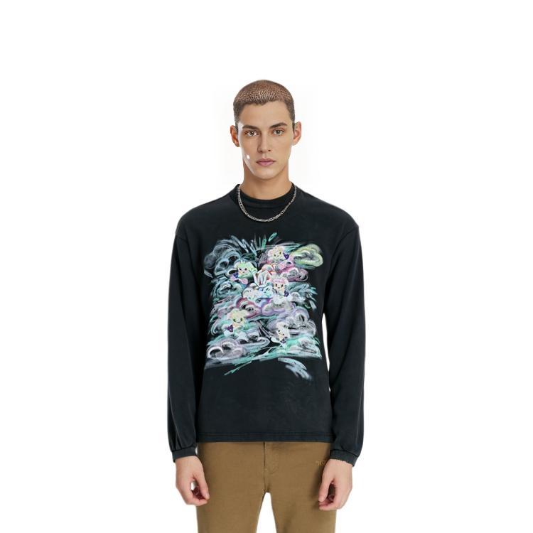 We11done Water Wash Pattern Printed Vintage Ribbed Crew Neck Long Sleeve T-Shirt Unisex T-Shirts Black WD-TT0-24-727-U-BK