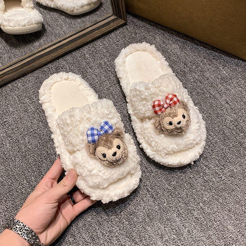 Cartoon warm women's one-word slippers 2025 autumn and winter new fashionable cute non-slip fluffy slippers women's wear