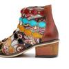Johnature Genuine Leather Short Boots Hand Printed Retro Patchwork Fashionable Rivets Mid Heeled Shoes