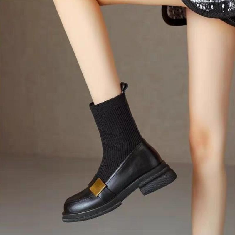 Fashion Woman Short Sock Shoes Round Toe Black Ankle Boots for Women Elegant with Medium Heels Booties Designer Luxury Comfortable Sale