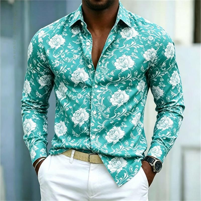 2026 Nuova Camicia da Uomo Stile Europeo e Americano Camicia Floreale Rosa Rossa Uomo Slim Fit Manica Lunga Stile Casual da Vacanza