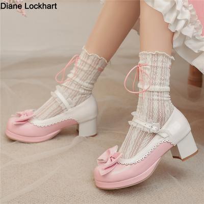Zapatos de Tacón Medio de Moda para Mujer Lolita Charol Patchwork Lindo Lazo Zapatos Mary Jane Novia Boda Cosplay Fiesta Rosa Negro Talla 31-48