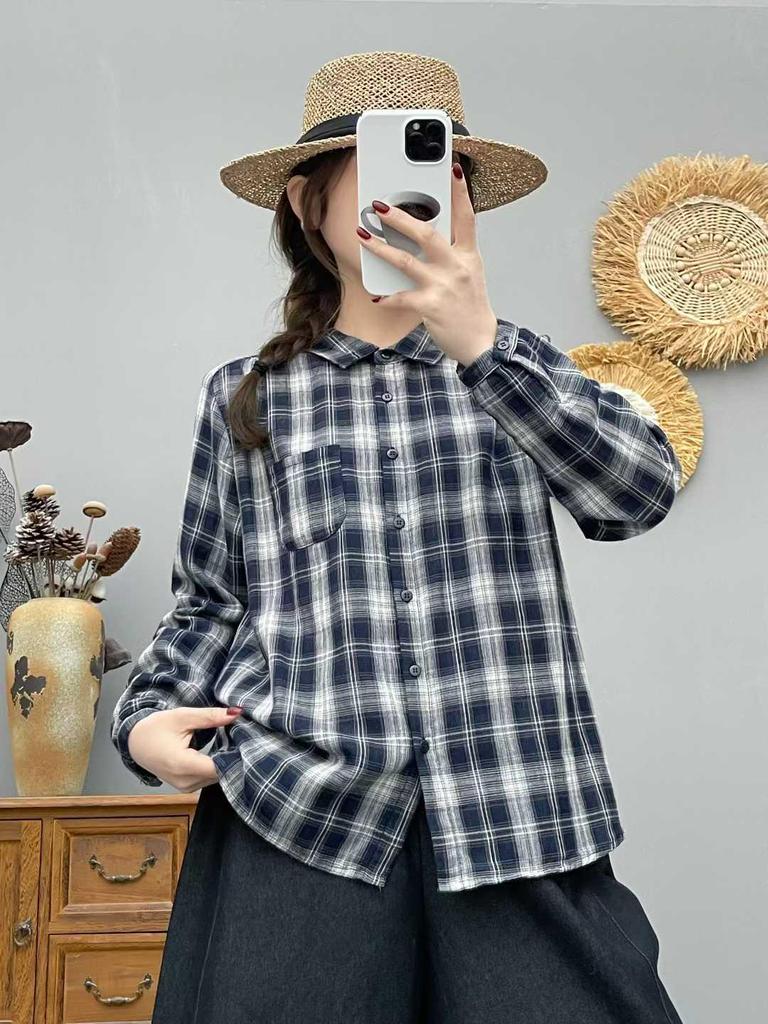 Women's Autumn Plaid Double-Layer Long-Sleeve Cotton Shirt - Japanese Style, Soft, Skin-Friendly, Breathable