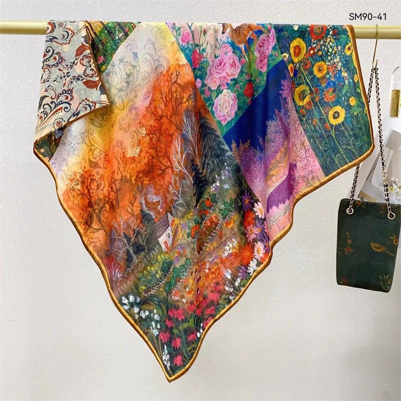 Double-Sided Faux Silk And Wool Printed Scarf For Women Spring And Autumn 90Cm Square Scarf Foulard Bandana Femmel Headscarf