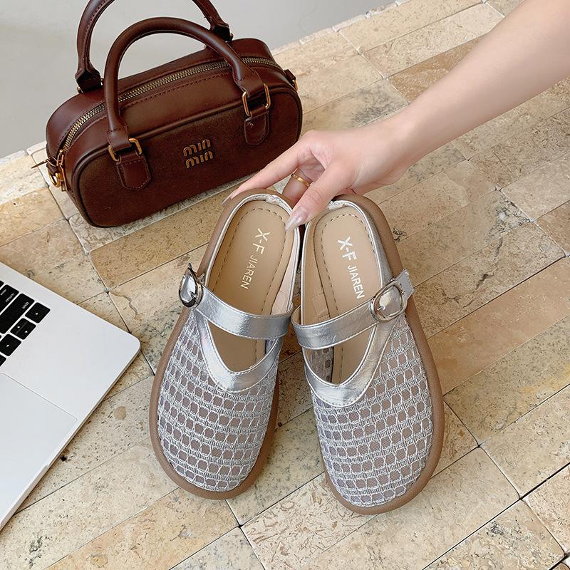 French Slippers Women's Bag Head Hollow Flat Bottom Cool Slippers Summer New Casual Half Slippers 2025 Fairy Style Shoes