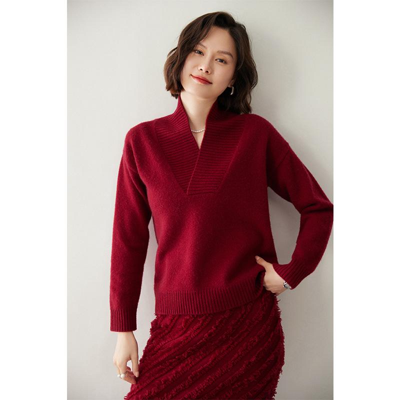 Temperament double-strand thickened pullover stacked V-neck sweater autumn and winter new high-end women's bottoming knitted sweater thick