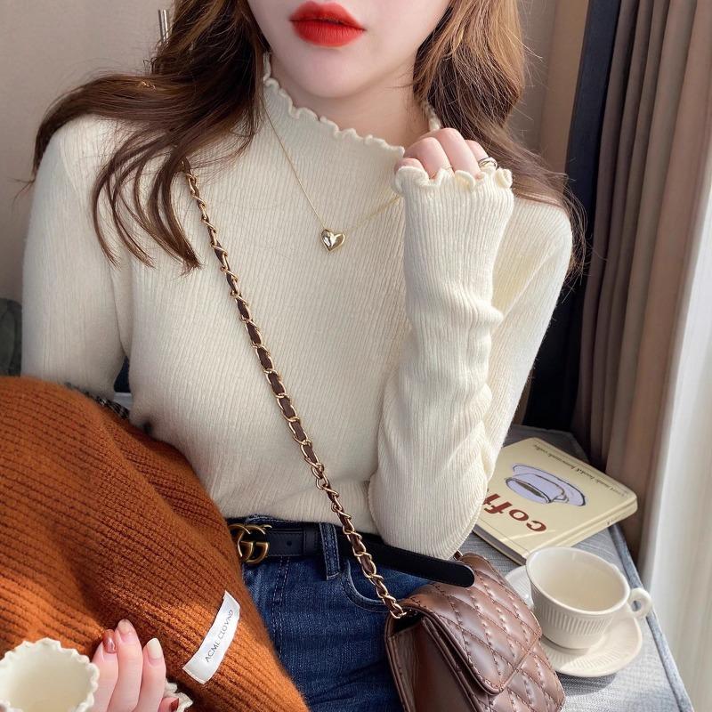 Fungus Edge Base Shirt Women's New Autumn and Winter Underwear with Black Semi-turtleneck Sweater and White Winter Knitted Top