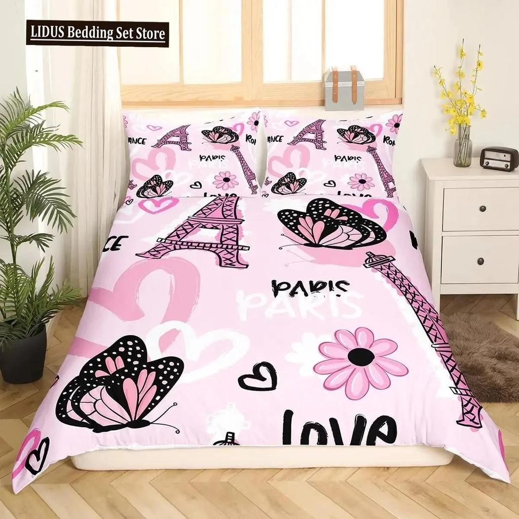 Comforter Valentine Day King Queen Paris Eiffel Tower Bedding Set Pink Watercolor Tulips Flowers Balloon Polyester