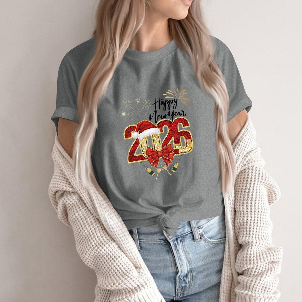Women's Fashion 2026 New Year Printed Round Neck Short Sleeve Top