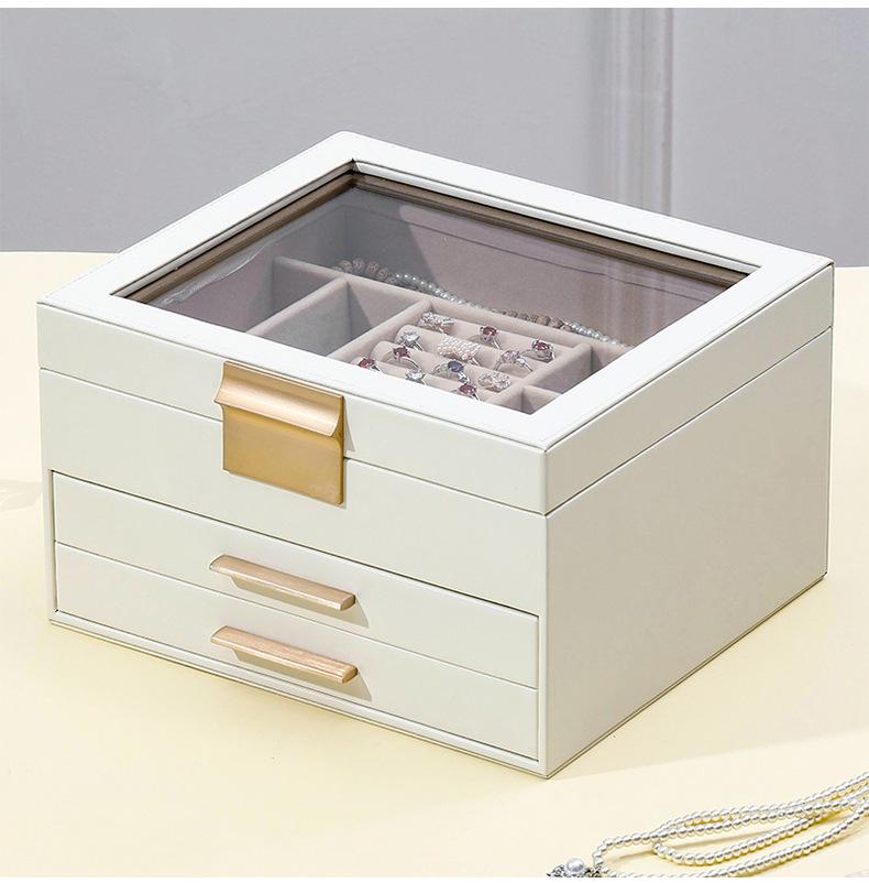 Gold Three-Layer Jewelry Box with Window for Necklaces and Earrings