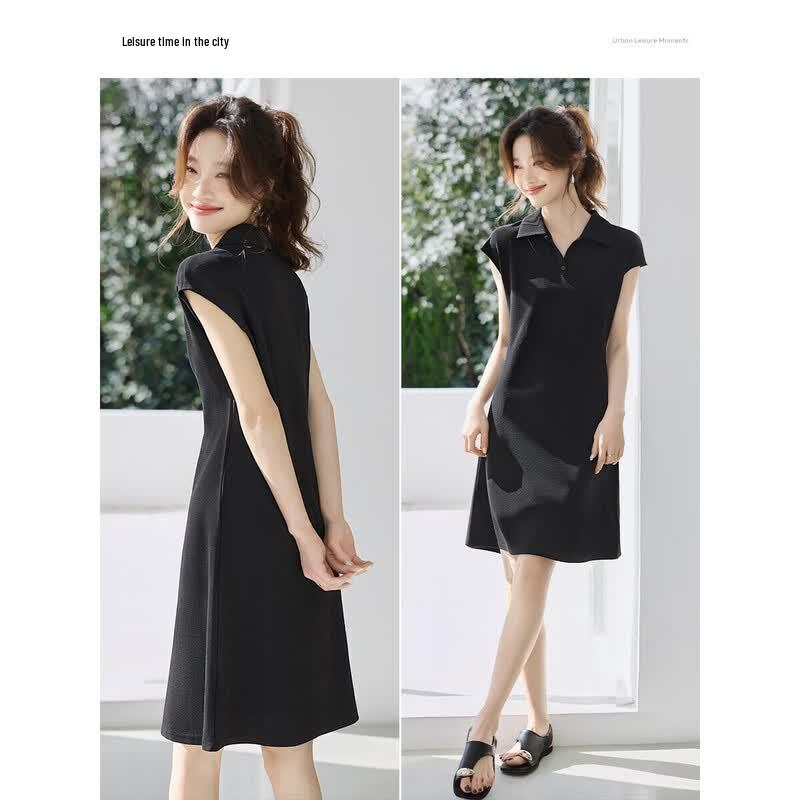 Women's Hepburn Style Polo V-Neck Knitted A-Line Dress