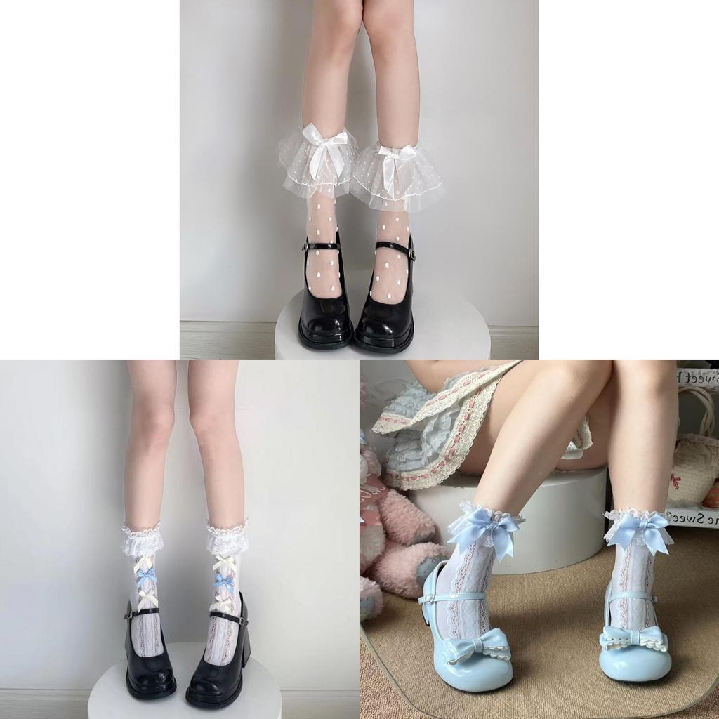 Lolita Cotton Kneehigh Socks With Lace Trim And Pearl Bows For Girls