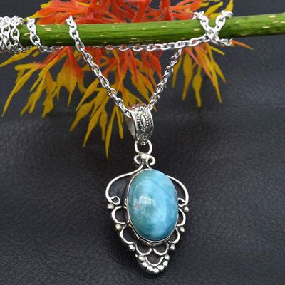 Collar de Larimar, Plata de Ley 925, Collar Boho para Mujer, Regalo de Compromiso, Collar de Diseñador, Joyería para Bodas, Joyería Hecha a Mano