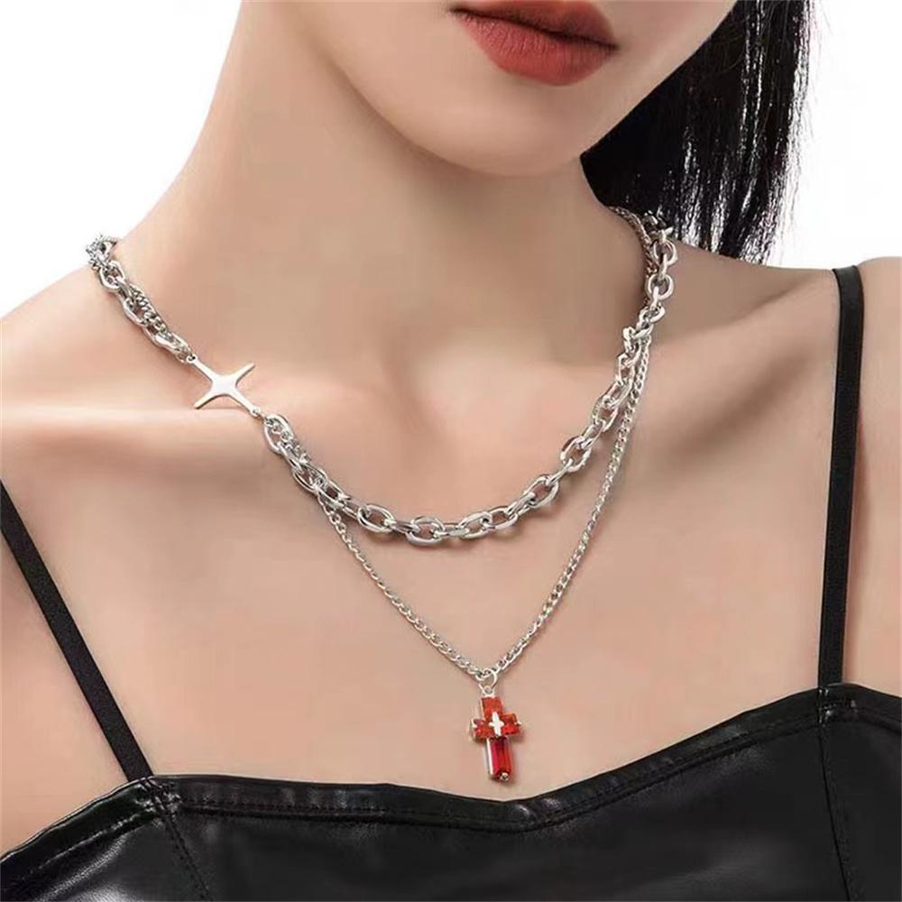 Titanium Steel Bright Red Cross Necklace for Man Trend Double-layer Collarbone Choker Male Pendant Kpop Gift Wholesale