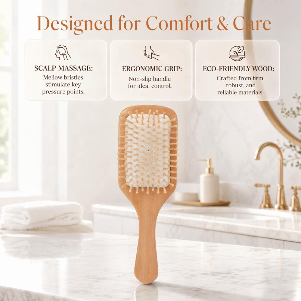 Bamboo Bristles Detangling Paddle Brush Ergonomic Handle Scalp Massage Brush Blow Drying