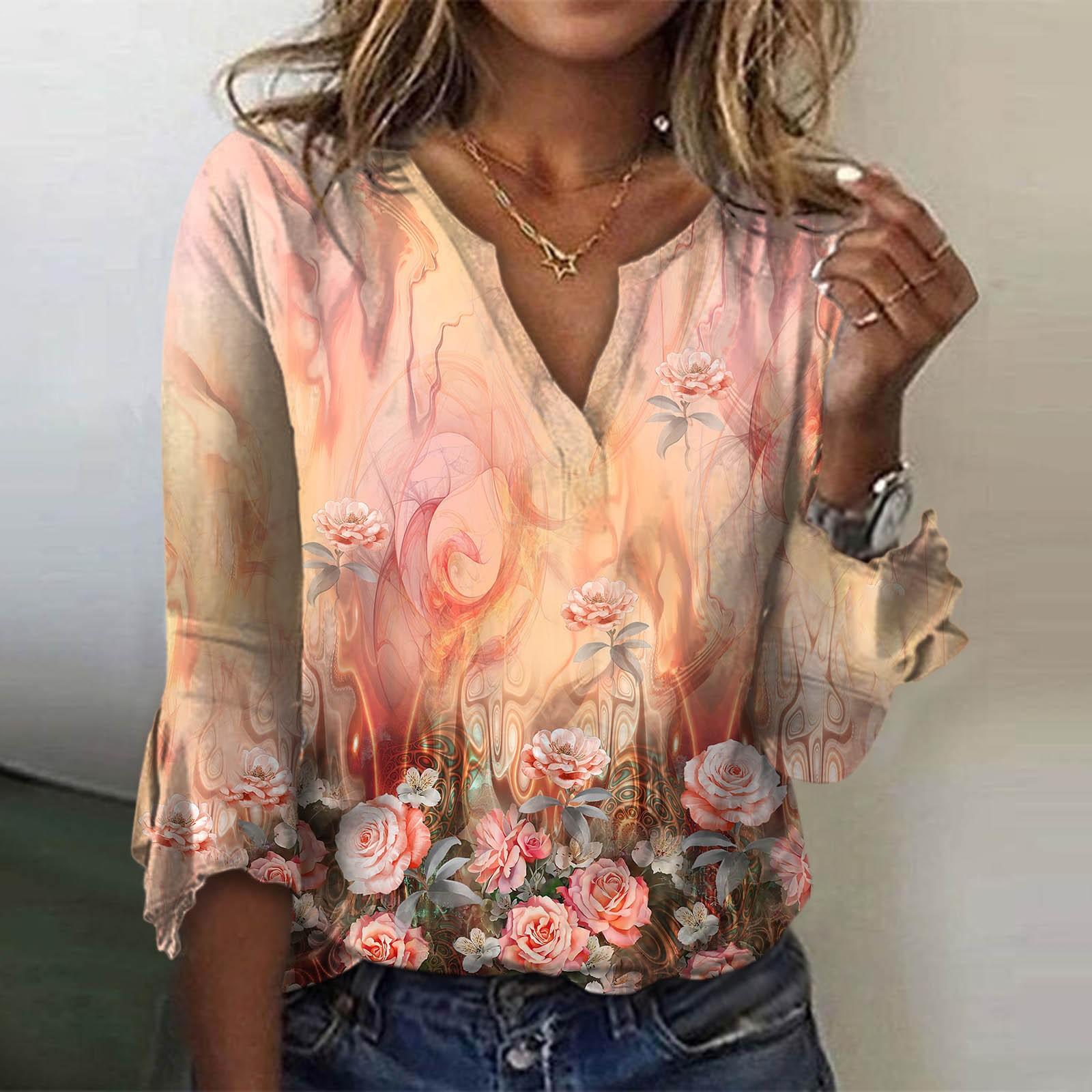 

Женская свободная повседневная футболка с рукавами три четверти и v-образным вырезом, кружевная футболка с цветочным принтом, топ M розовый