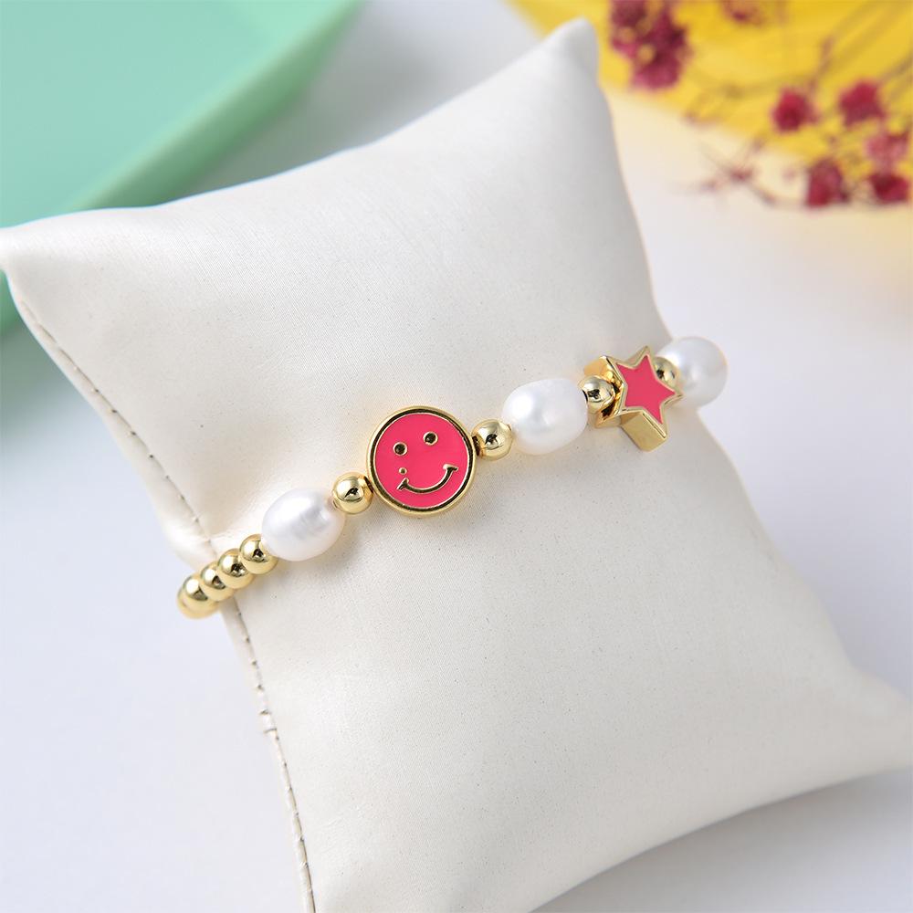 Colorful Drip Oil Smiley Star Beaded Bracelet with Natural Freshwater Pearls