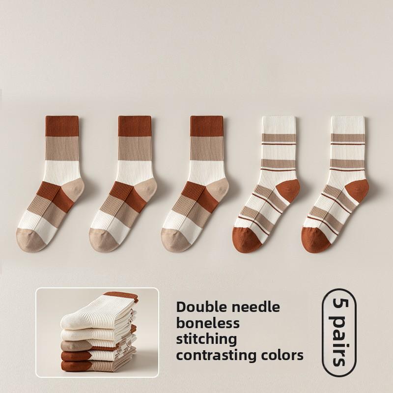 5 Pairs of Female Autumn and Winter Sweat Absorbing Deodorizing Fashion Color Collision Boneless Soft Tube Socks