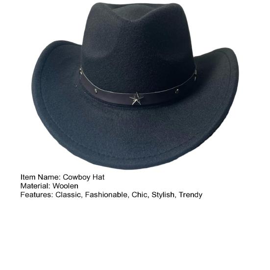 Western Cowboy Hat for Women Men Wide Brim Beach Cowgirls Hat Rolled-Up Felt Fedora Hat with Star Band
