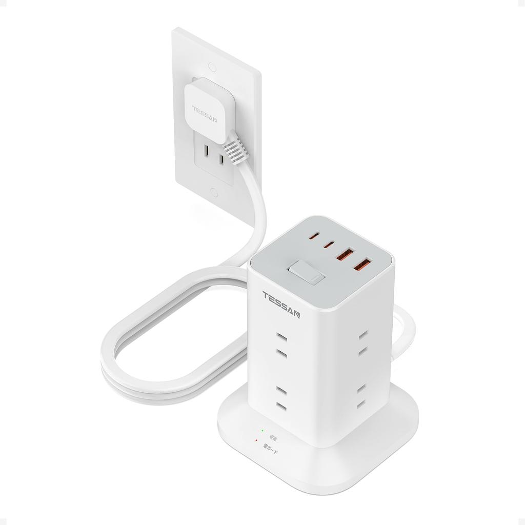 Tower-type Power Strip, 2m Extension Cord, Slim Plug, 8 AC Outlets, 4 USB Ports (Type-A/C), PD20W, TESSAN Table Tap, Multi-outlet, Surge Protection, M