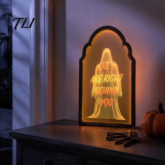 Lighted Wall Decor Light Up Ghost Mirror, Arched Wooden Frame Ghost/Grim Reaper Halloween Creepy Desktop Mirror Soft Ambient Decorative for