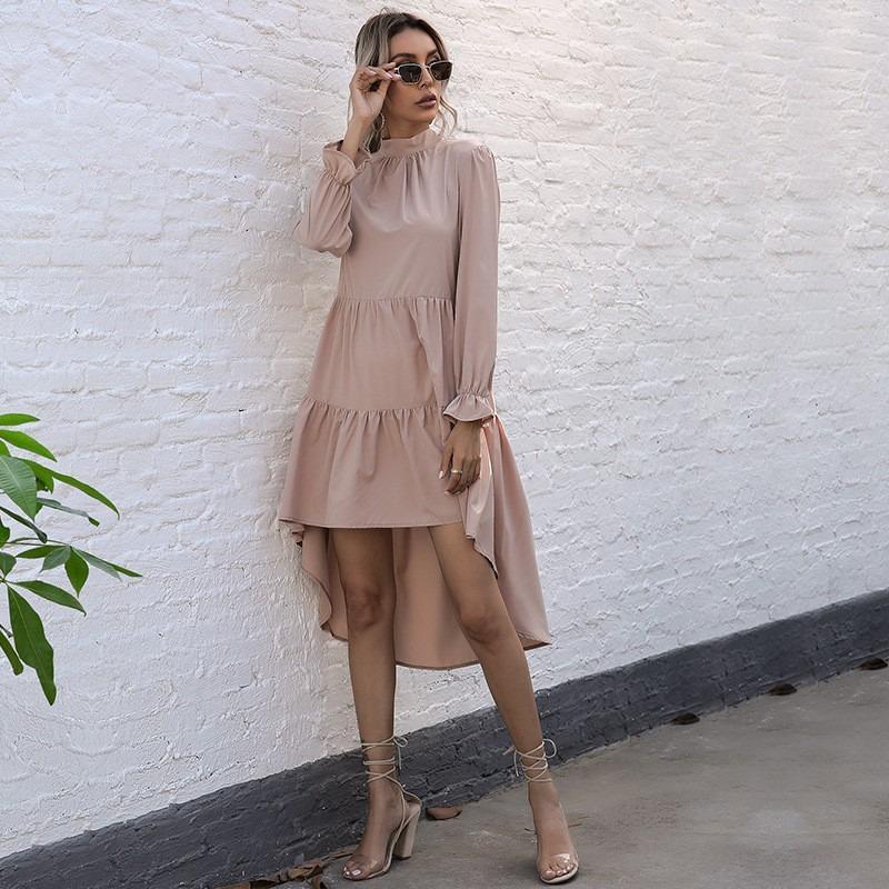 YYFS Women's Fashion Spring Fall Solid Color Print Long Sleeve Half Turtleneck Middle Waistline Casual Dresses